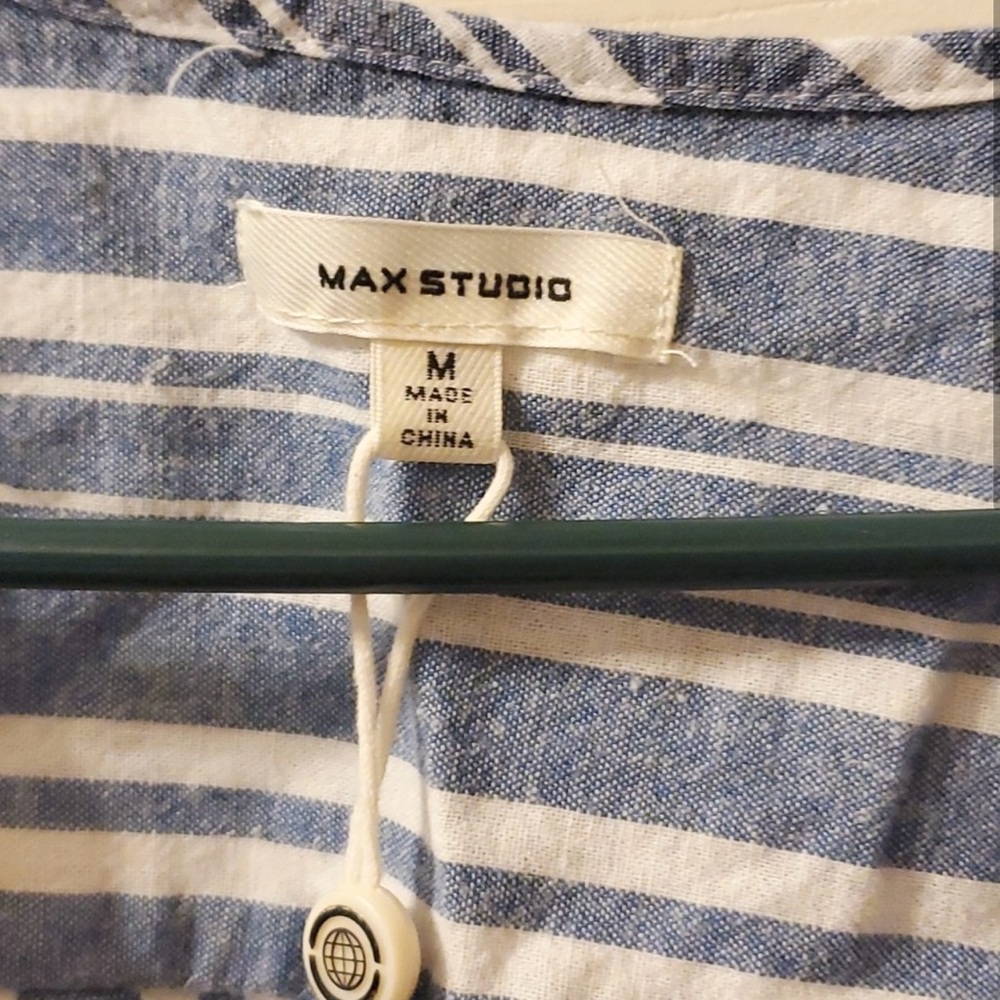 $80 NWT MAX STUDIO Linen Cotton Blend Stripe Wrap Blouse, Size Medium - Picture 3 of 6